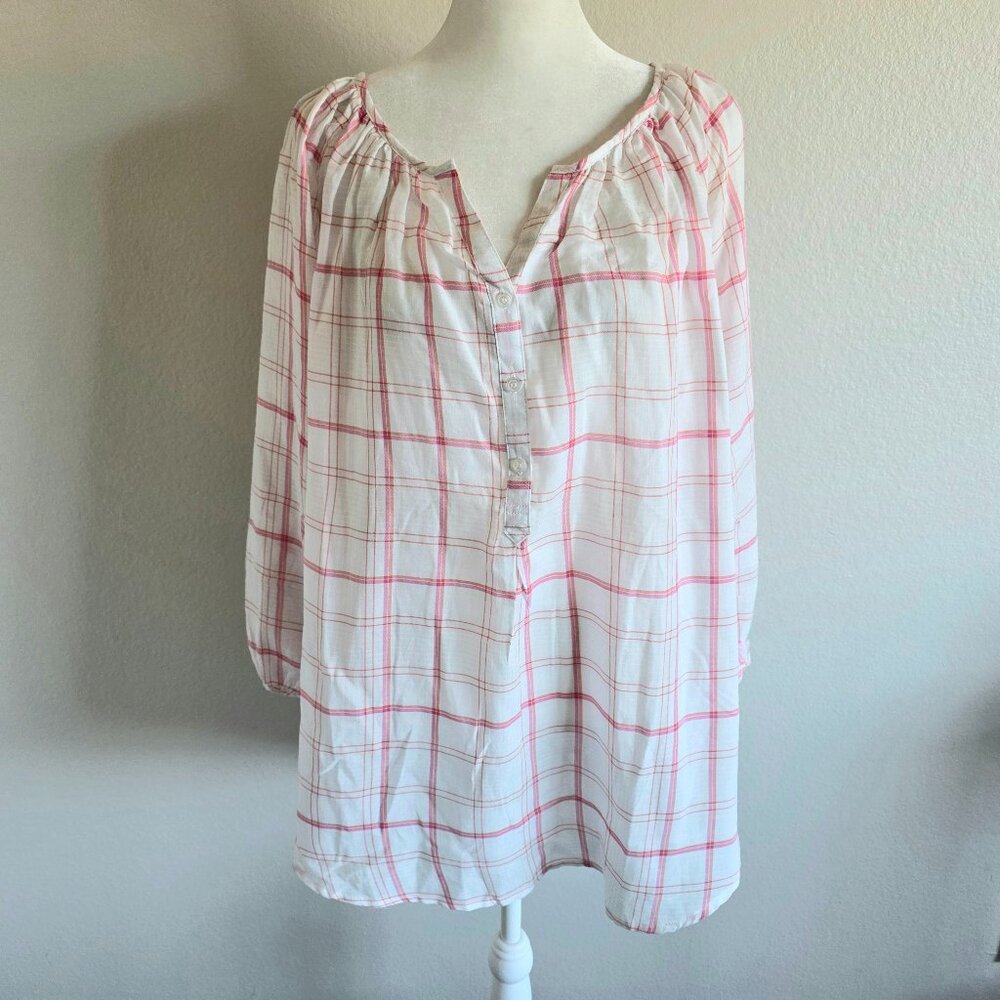 NEW Hester & Orchard Blouse Top Size XL Cotton Plaid 1/2 Button Popover White